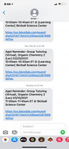 Screenshot of text messages from The Skirball Center