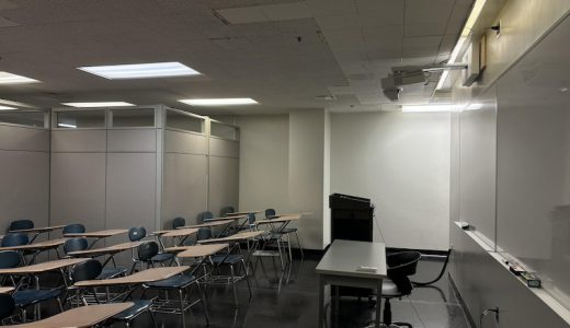 Empty EB 121 classroom in the basement of the East building. (Anastasiia Poleva) Oct. 9, 2024.