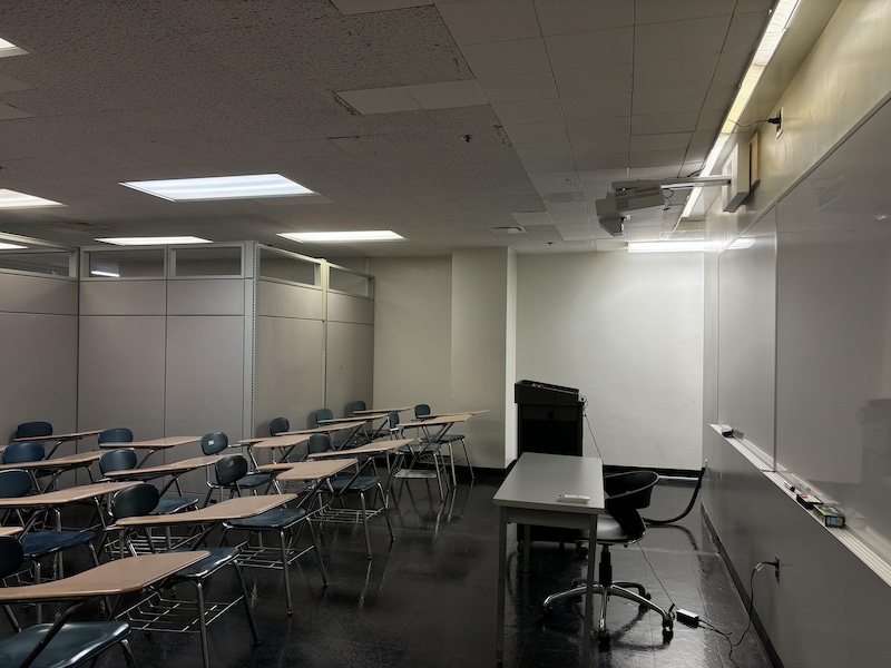 Empty EB 121 classroom in the basement of the East building. (Anastasiia Poleva) Oct. 9, 2024.