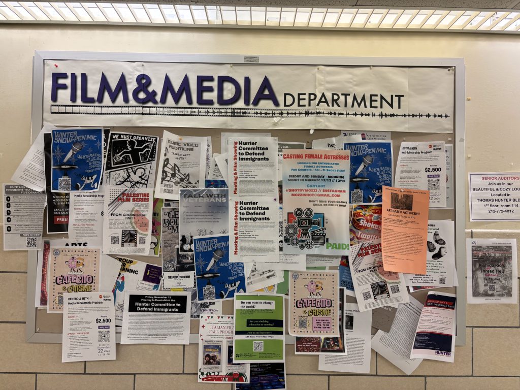 Film & Media board on the fifth floor of Hunter North. (Anastasiia Poleva) Dec. 18, 2024