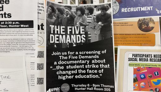 Promotional poster of The Five Demands screening event on the sixth floor of Hunter West. (Anastasiia Poleva) March 7, 2025.