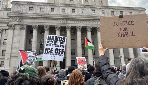 Protestors holding signs in front of Thurgood Marshall United States Courthouse before Mahmoud Khalil’s lawyers were set to hold a press conference. (Anastasiia Poleva) March 12, 2025.