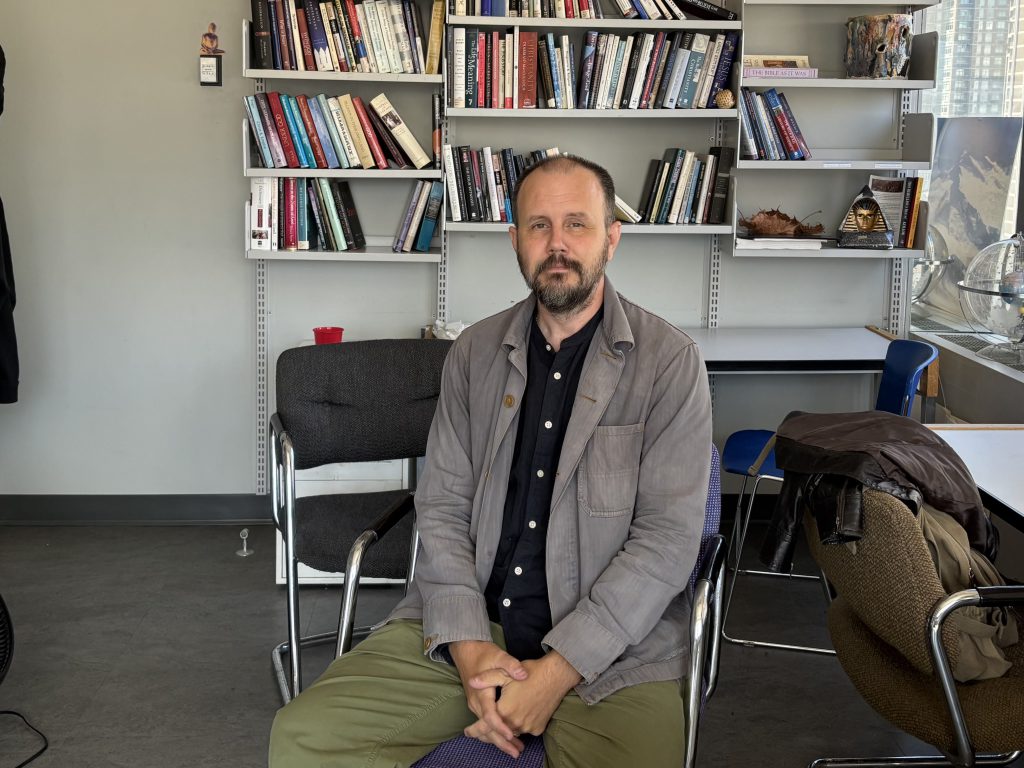 Brian Foote in Barbara Sproul's past office, which is now utilized by the religion department's staff. (Anastasiia Poleva) May 7, 2025.