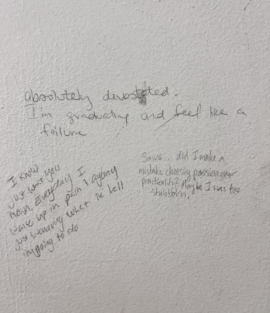 Notes exchanged on the bathroom stall wall on the North Building fifth floor girls’ bathroom. (Top) Absolutely devastated. I’m graduating and feel like a failure. (Left) I know just how you feel. Everyday I wake up in pain and agony just wondering what the hell I’m going to do. (Right) Same… Did I make a mistake choosing passion over practicality? Maybe I was too stubborn.