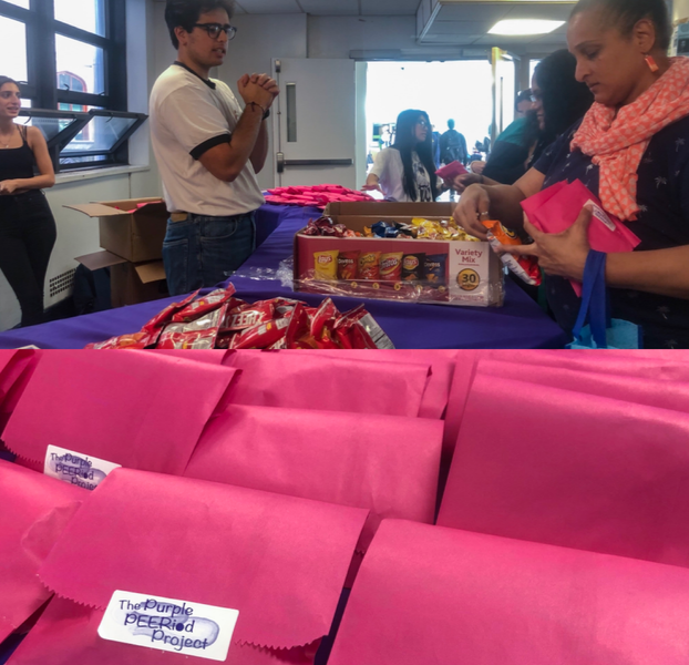 A collage, with the top showing USG representatives giving out snacks and pads, and the bottom a close up of the pads in pink packages.