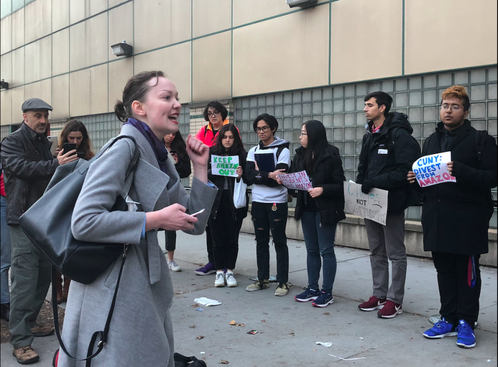 Members of CRAASH and activist Corinne Greene rally outside a Board of Trustees meeting held at LaGuardia Community College